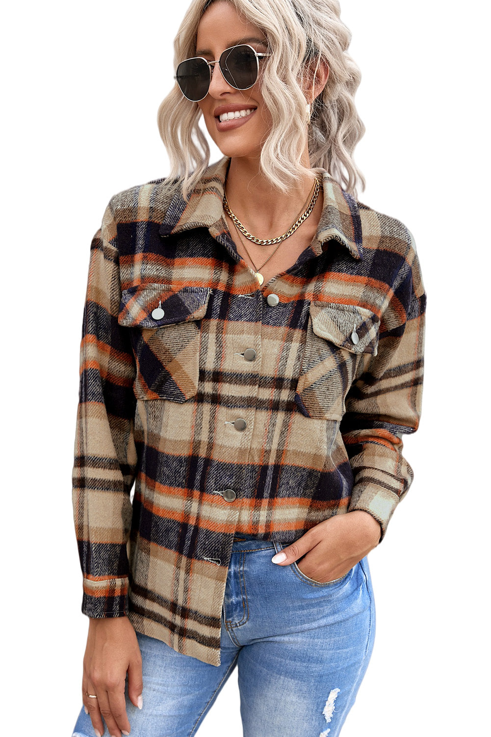 Brown Plaid Button Up Long Sleeve Flannel Shacket