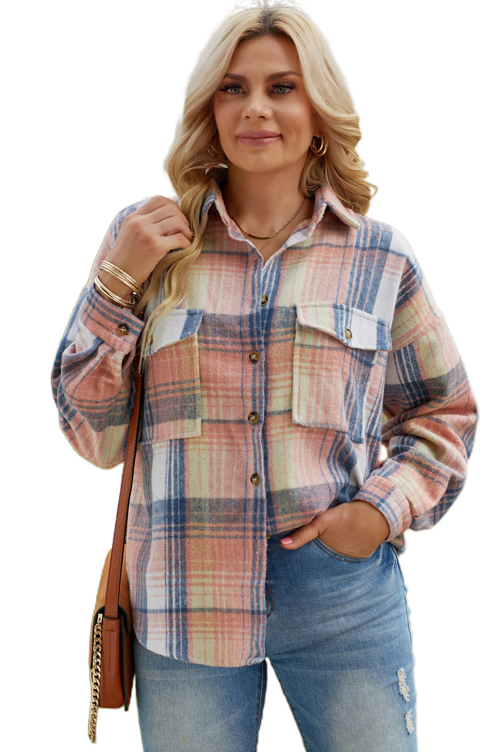 Gold Flame & Grey Plaid Button Up Collared Flannel Shacket