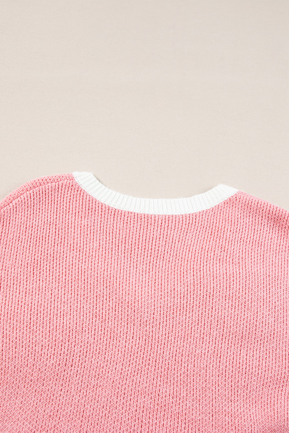 Pink Floral Patched Contrast Trim V Neck Sweater