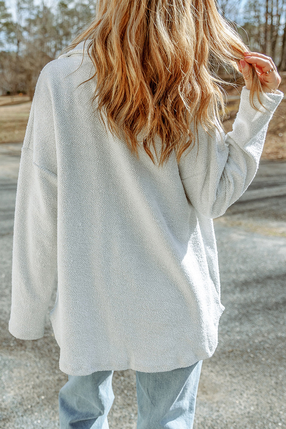 Grey Solid Color Textured Button Up Shirt Shacket with Pockets