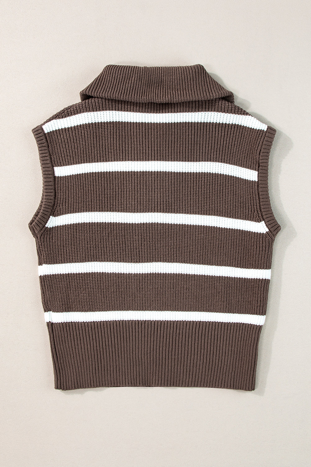 Brown Stripe Zipped Collar Cap Sleeve Knit Top