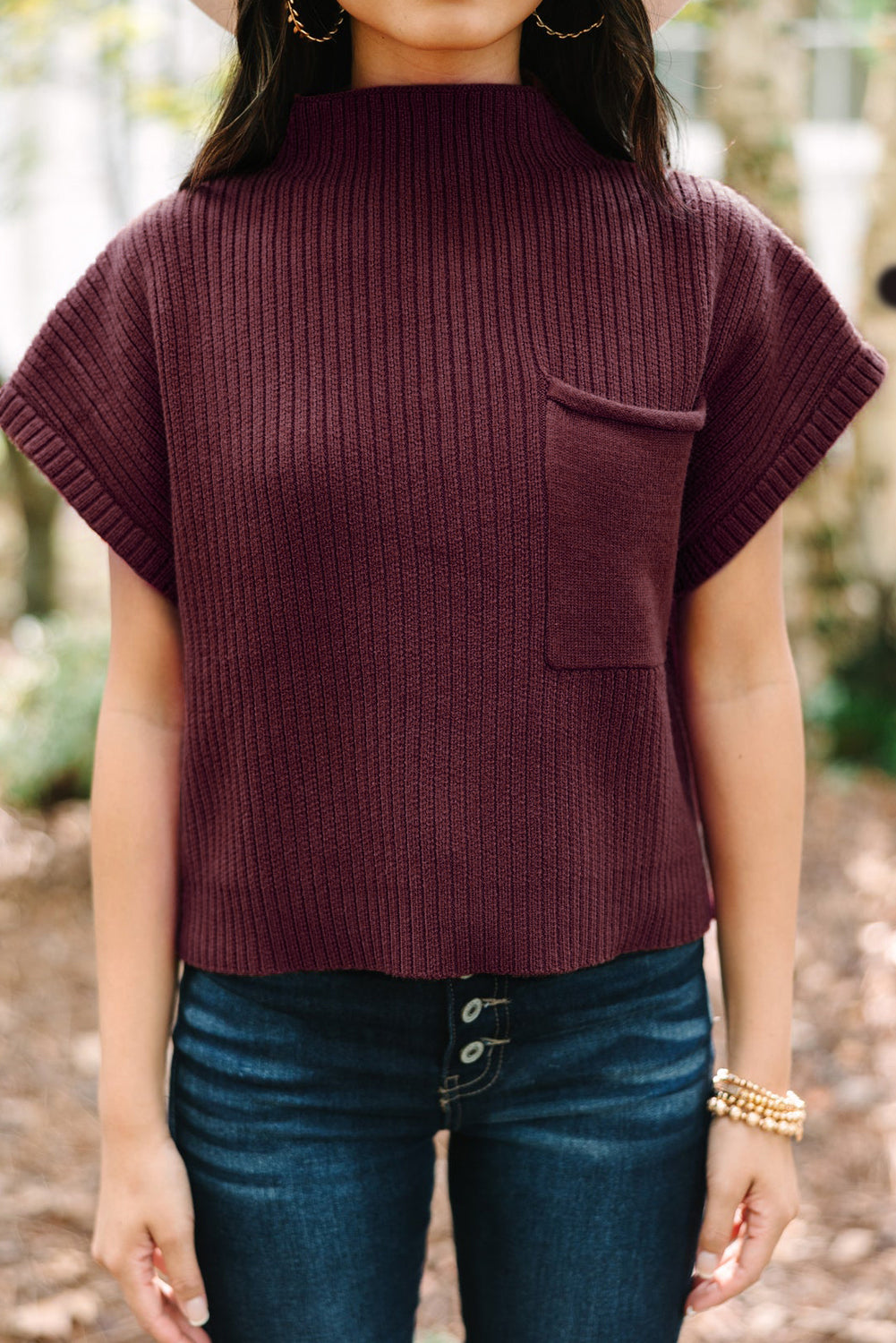 Gold Flame Patch Pocket Ribbed Knit Short Sleeve Sweater