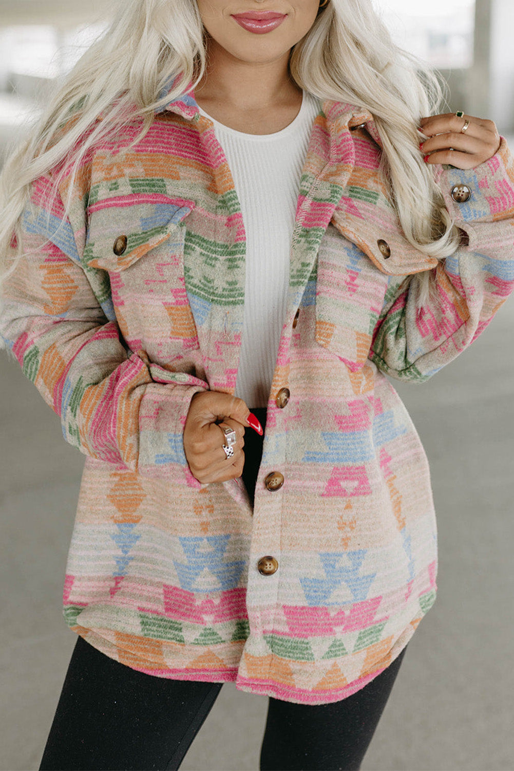 Dark Blue Geometric Print Flap Pockets Button Up Jacket