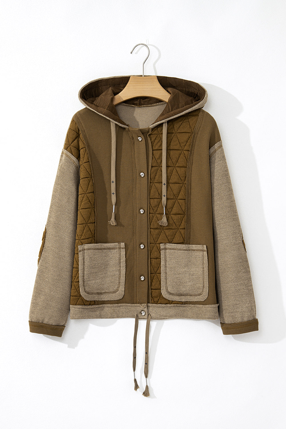 Jungle Green Quilted Textured Patchwork Hooded Jacket