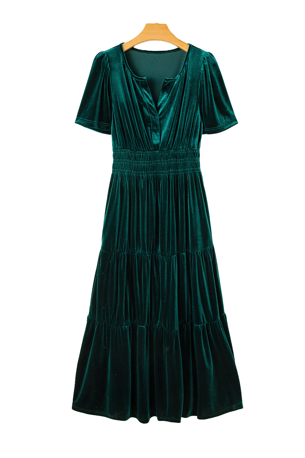 Evergreen Velvet Puff Short Sleeve Smocked Waist Tiered Maxi Dress