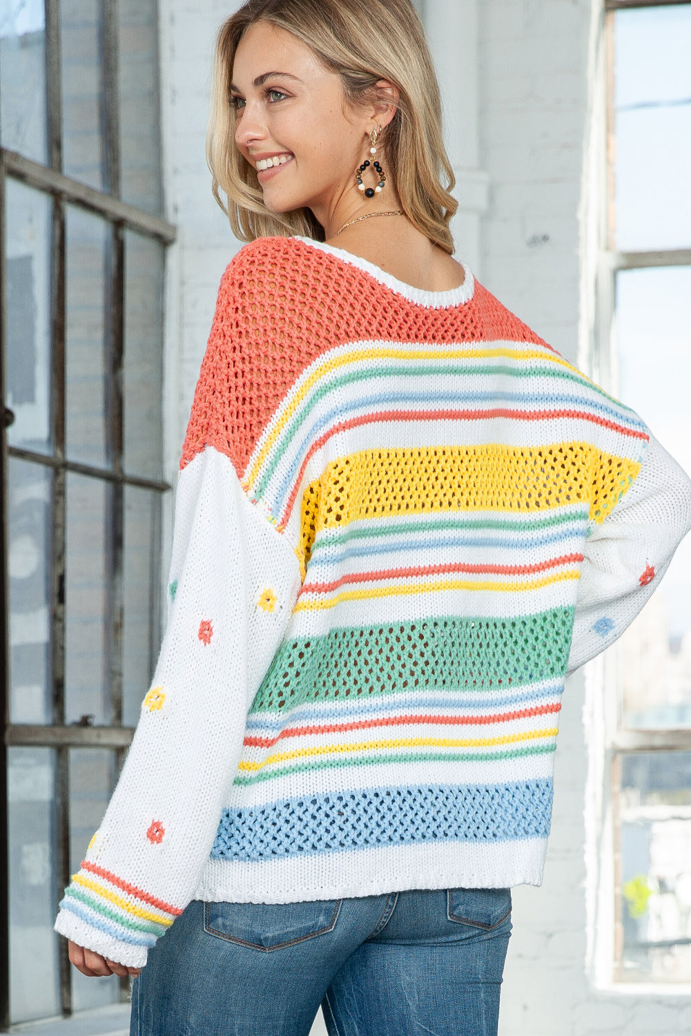 Multicolor Knitted Long Sleeve Pullover Crew Neck Sweater