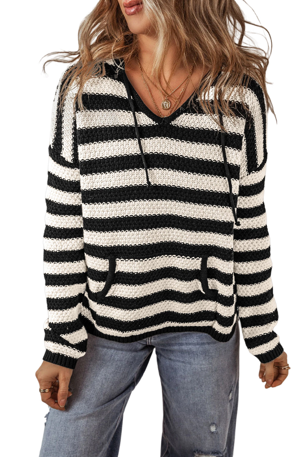 White Striped Kangaroo Pocket Hooded Sweater