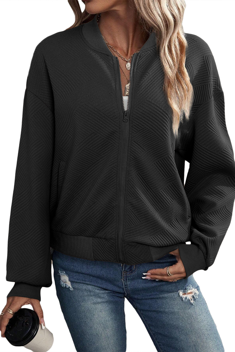 Black Plain Textured Stand Neck Zipper Bomber Jacket