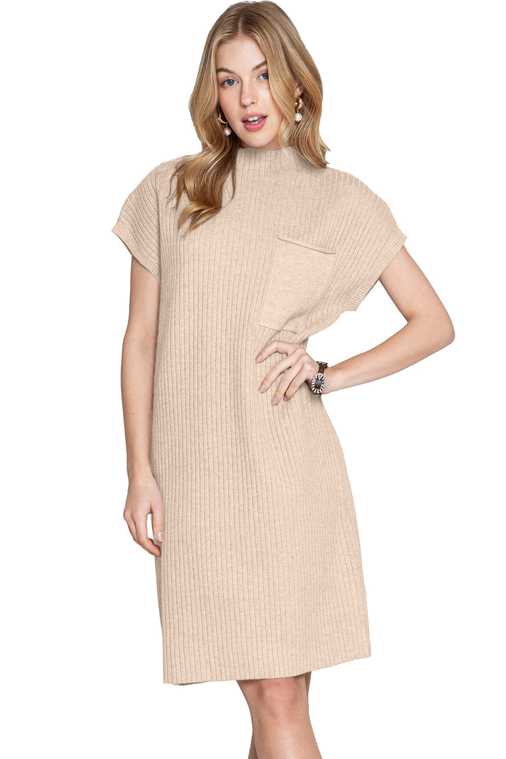 Taupe Patch Pocket Ribbed Knit Short Sleeve Sweater Dress