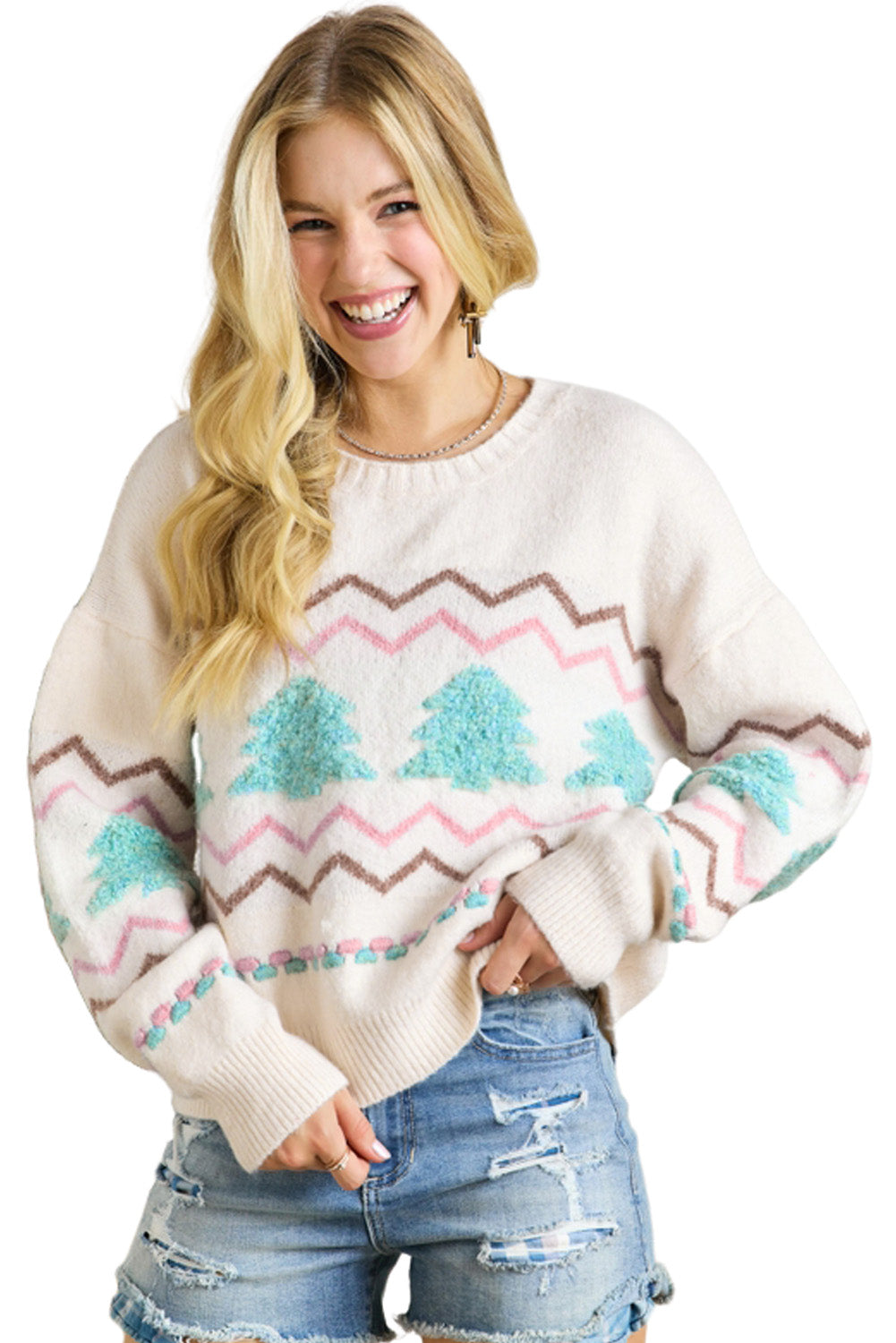 White Christmas Tree Wavy Striped Drop Sleeve Sweater