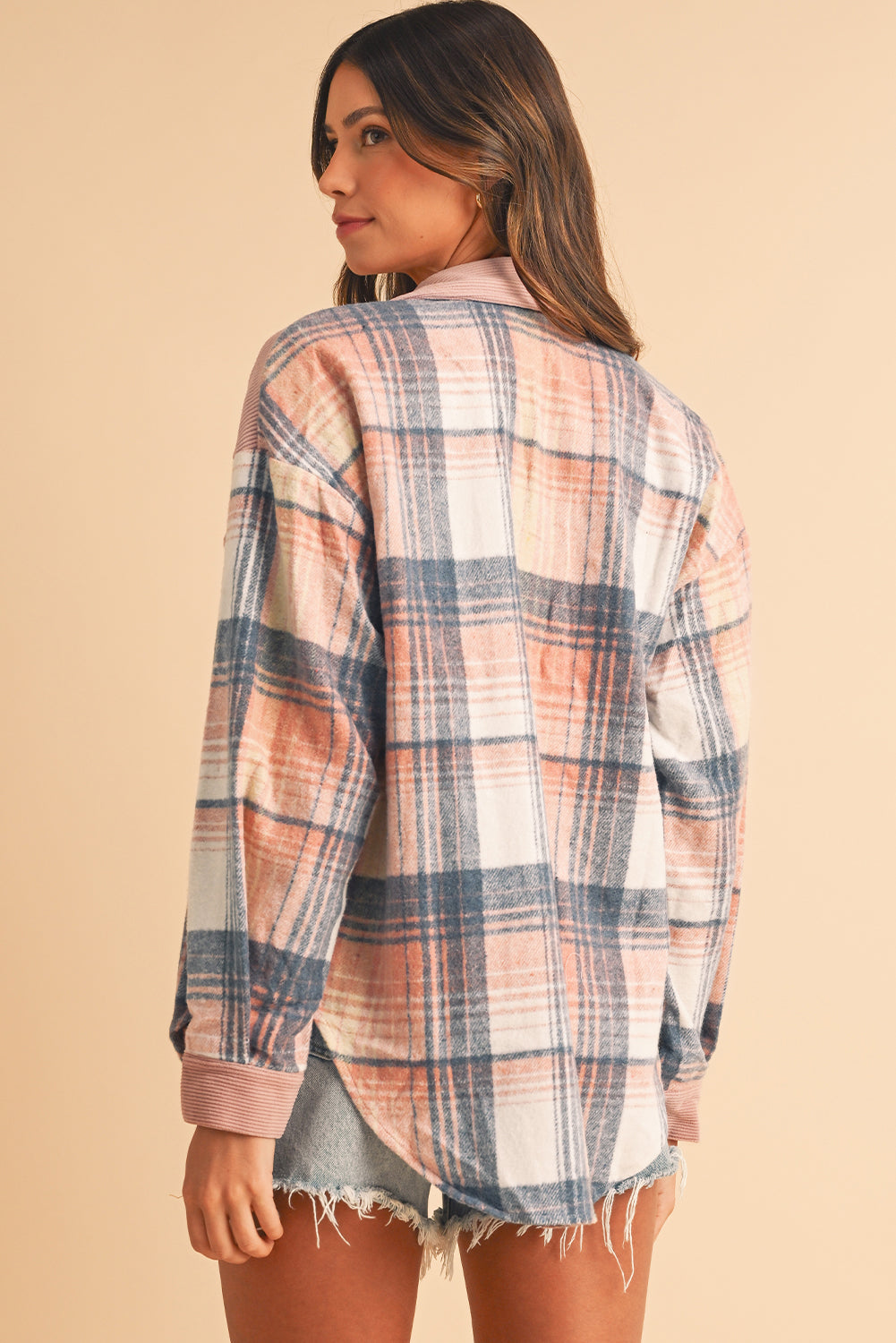 Cinnamon Plaid Corduroy Patchwork Pocket Loose Shacket