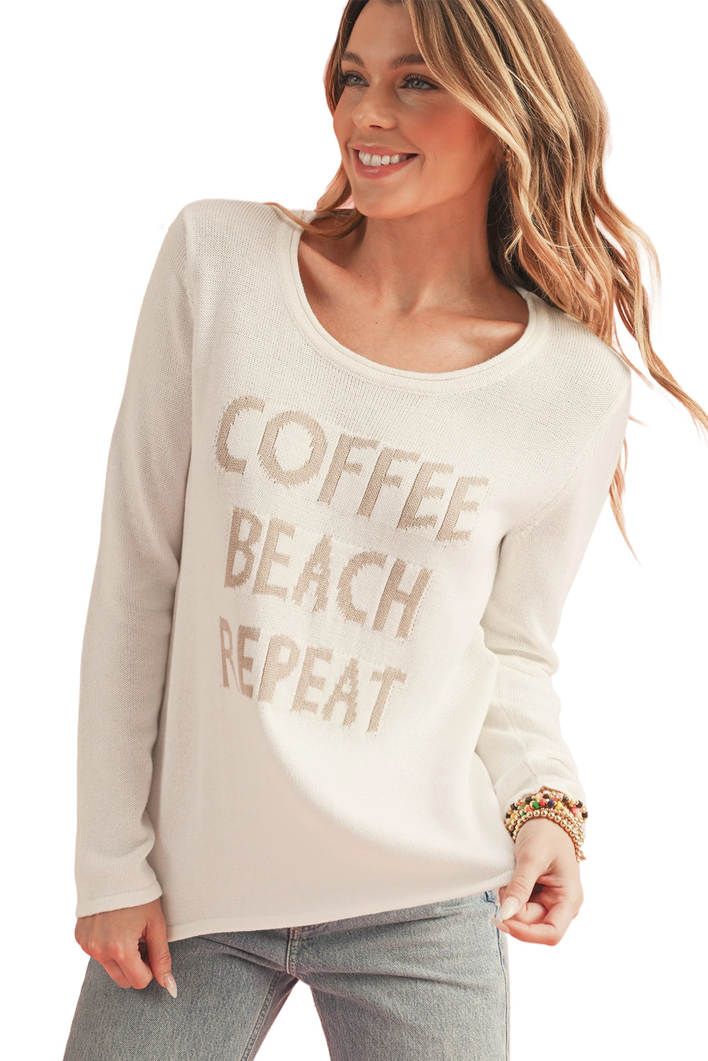 White Letter Print Round Neck Raw Edge Sweater