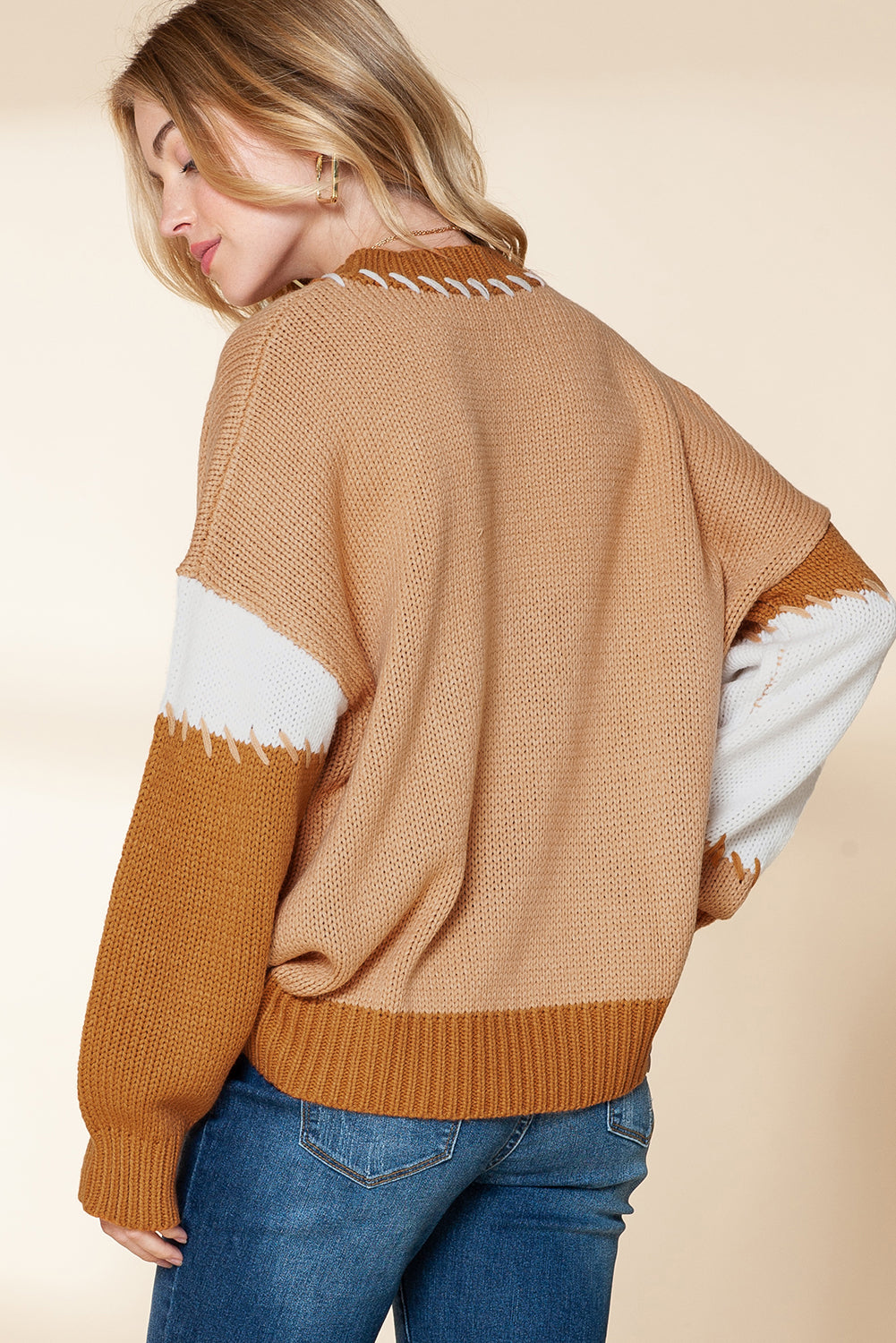 Flaxen Colorblock Drop Sleeve Knit Pullover Sweater