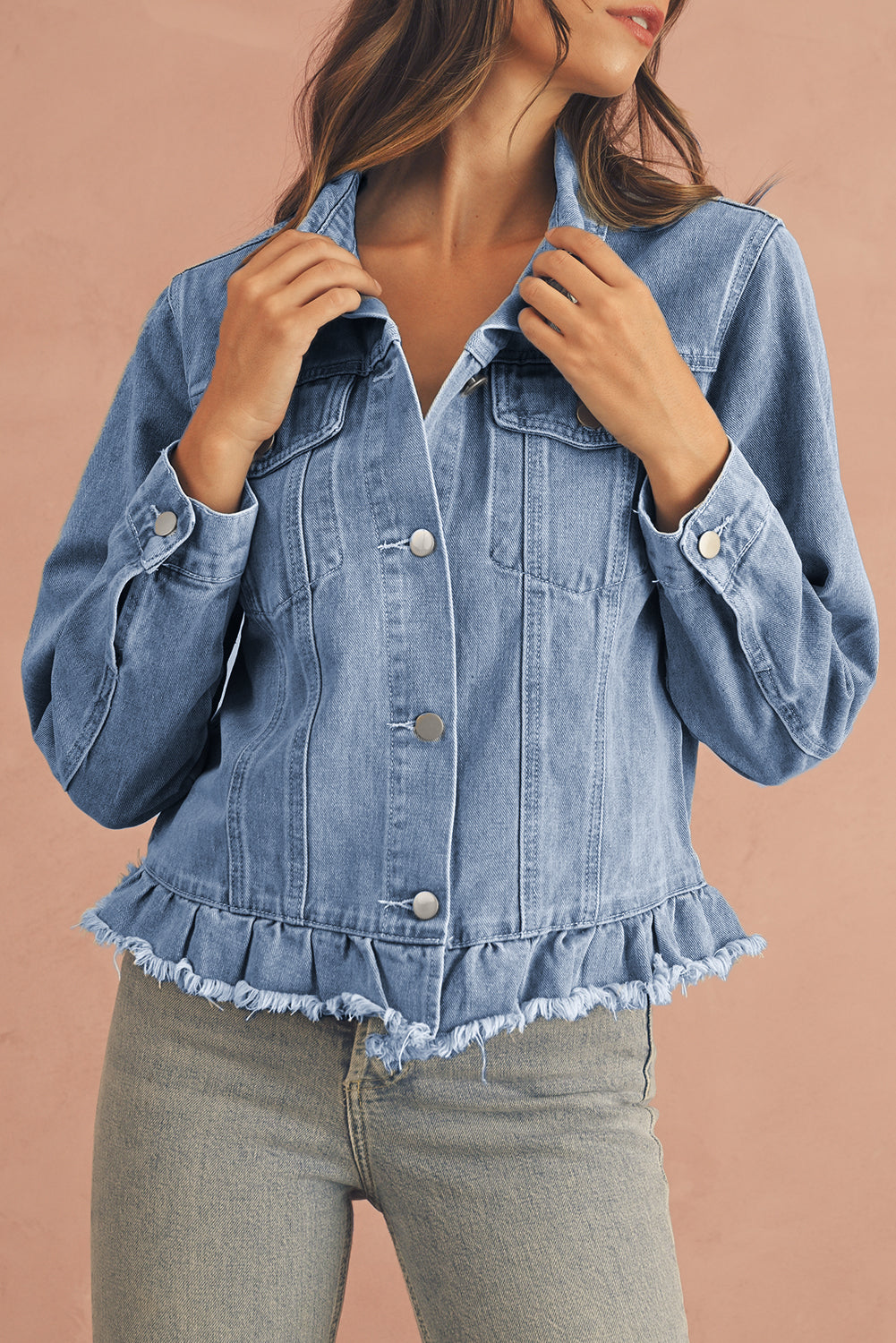 Navy Blue Ruffle Raw Hem Flap Pockets Denim Jacket