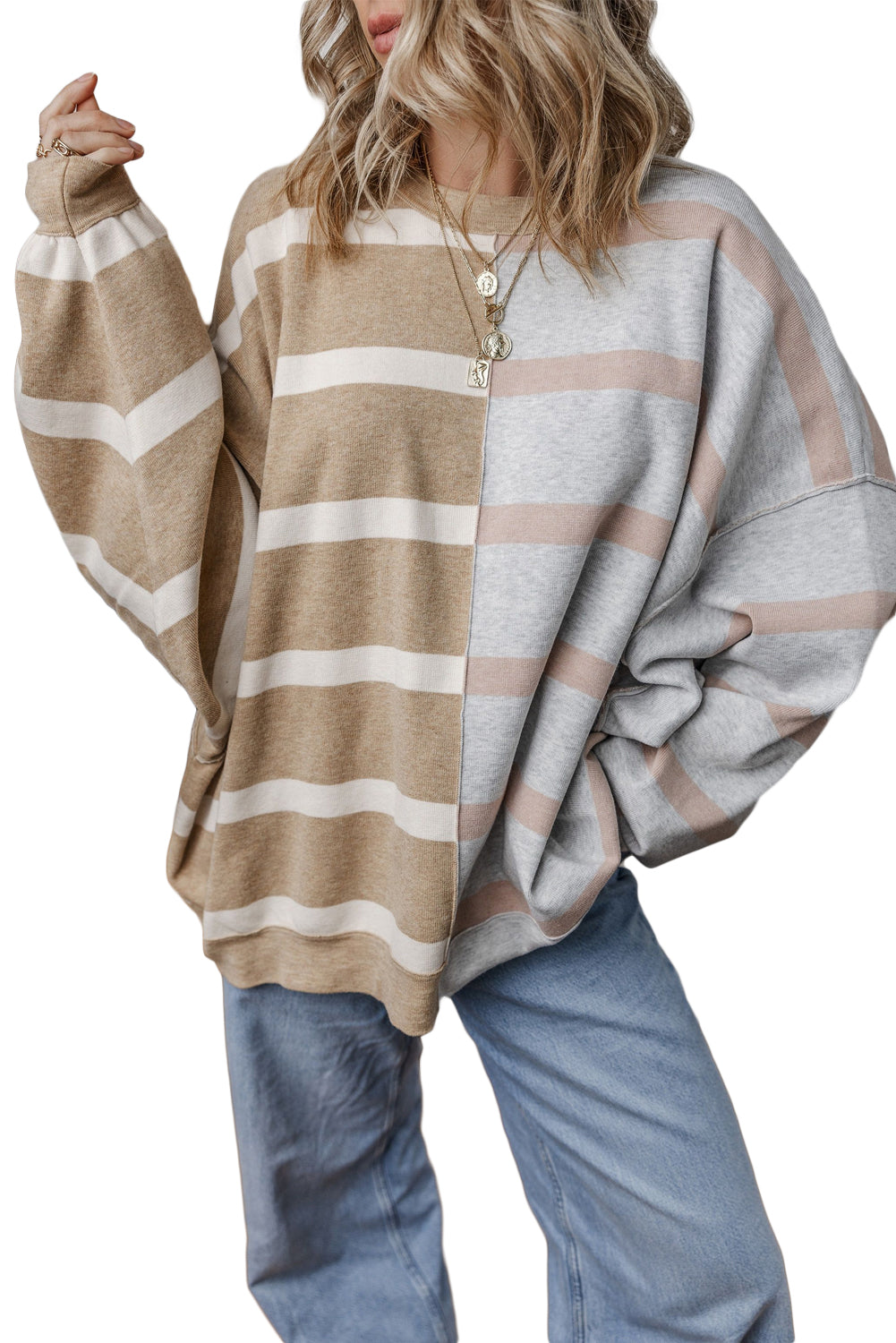 Pink Striped Colorblock Drop Shoulder Sweater