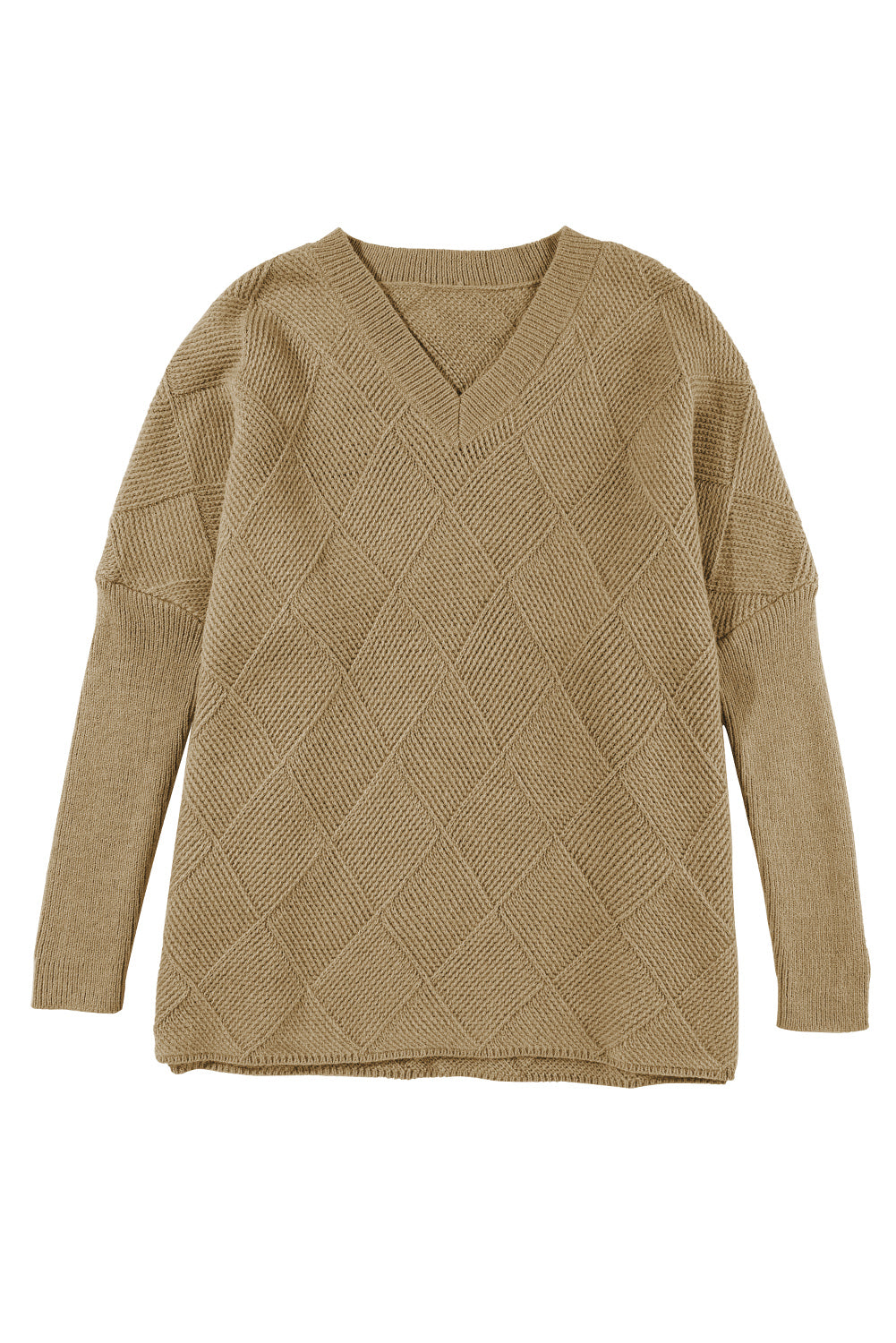 Camel Plain V Neck Batwing Sleeve Oversized Sweater