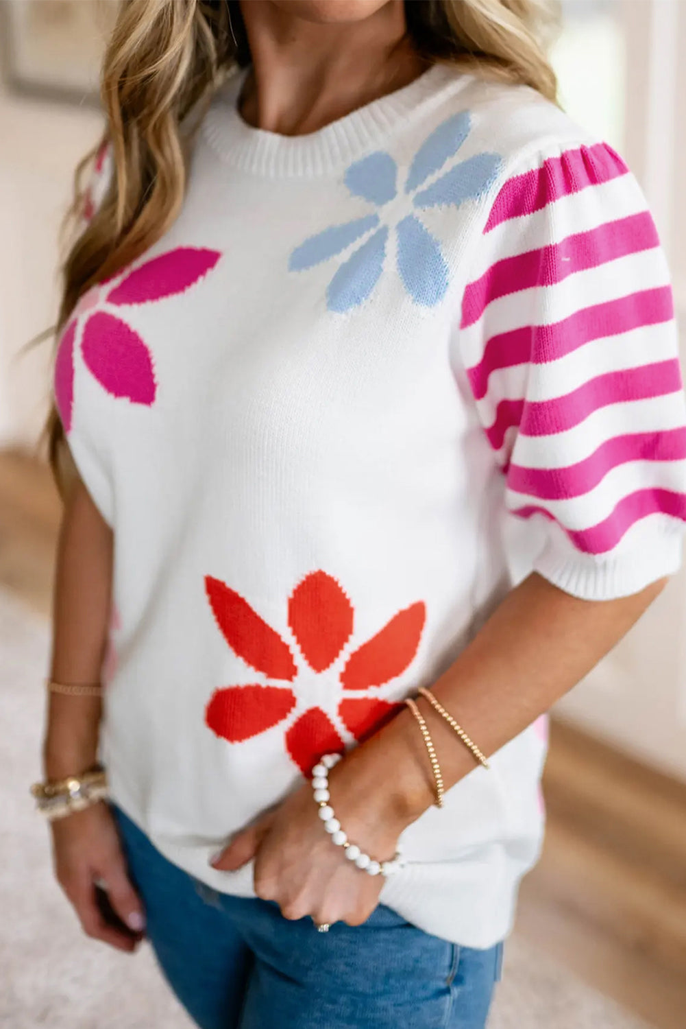 White Colorful Floral Print Striped Sleeve Knitted Tee