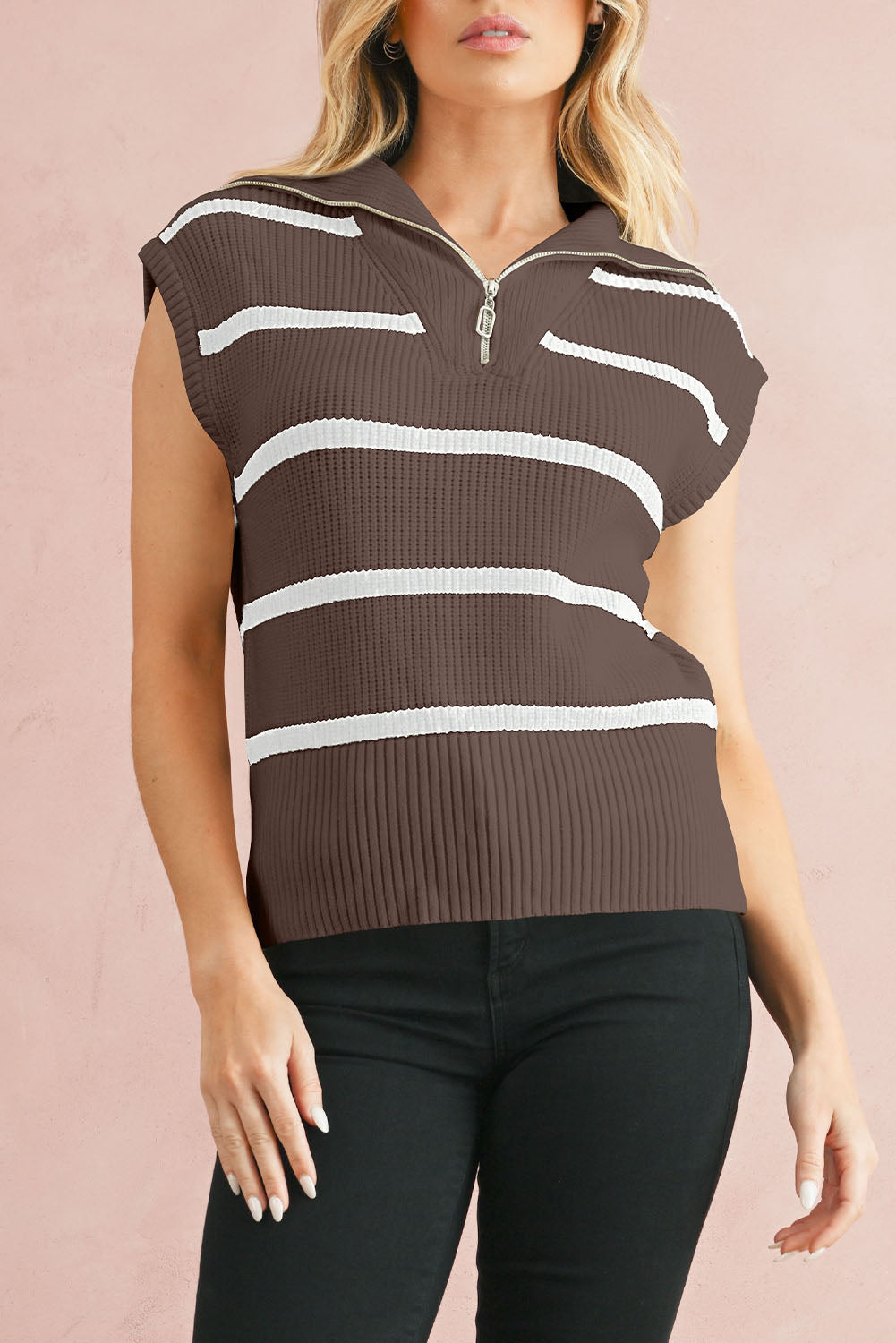 Brown Stripe Zipped Collar Cap Sleeve Knit Top