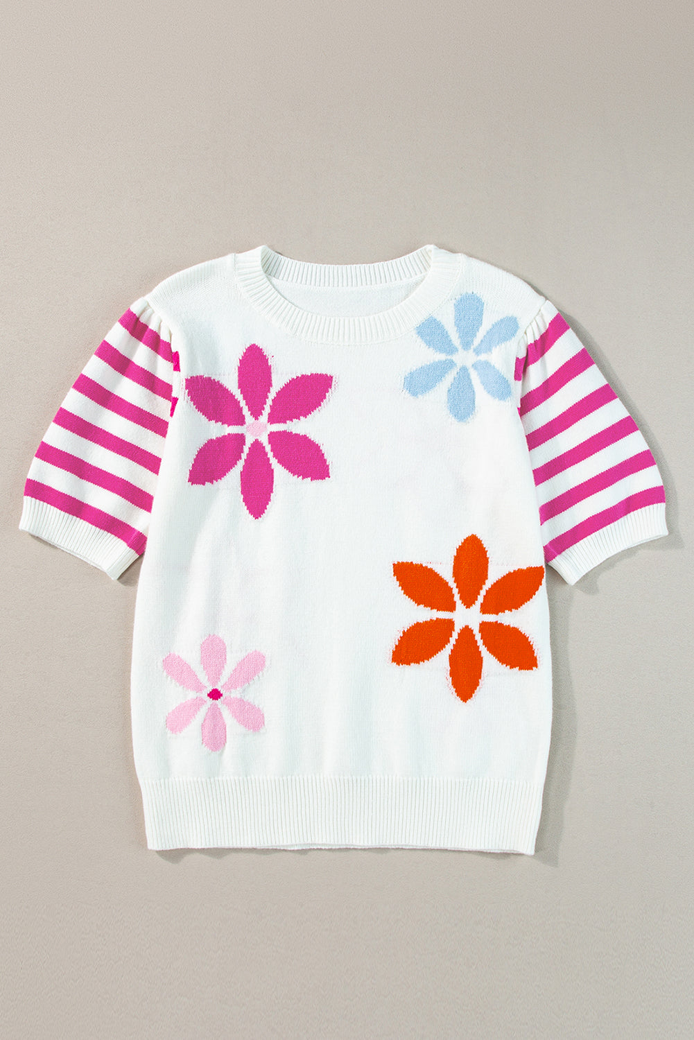 White Colorful Floral Print Striped Sleeve Knitted Tee