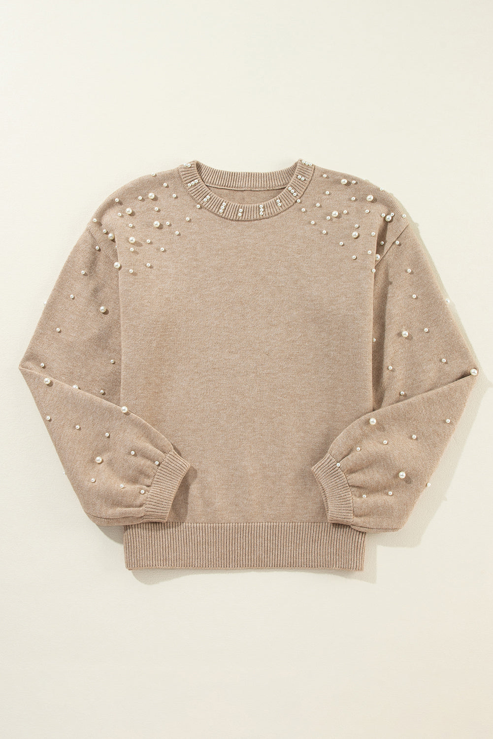 Smoke Gray Pearl Drop Shoulder Round Neck Sweater