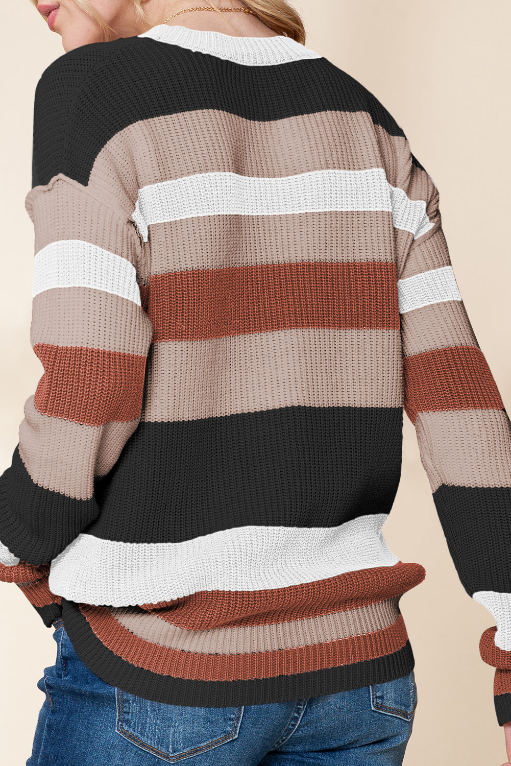 Camel Ribbed Round Neck Color Block Knitted Sweater