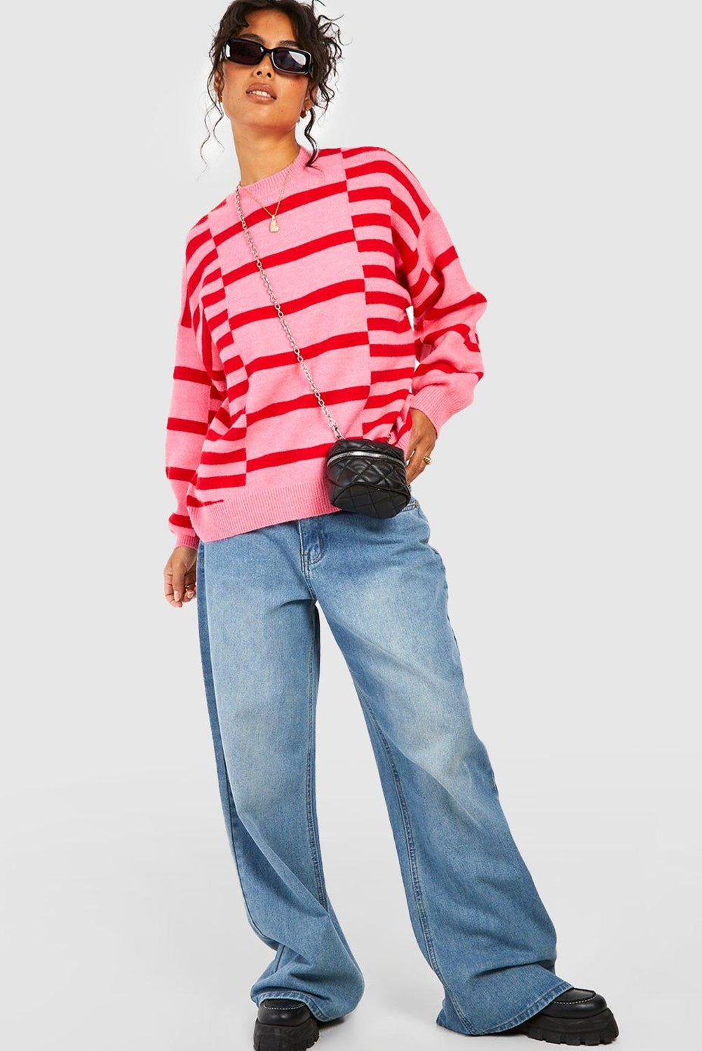 Pink Striped Crewneck Drop Sleeve Knit Sweater