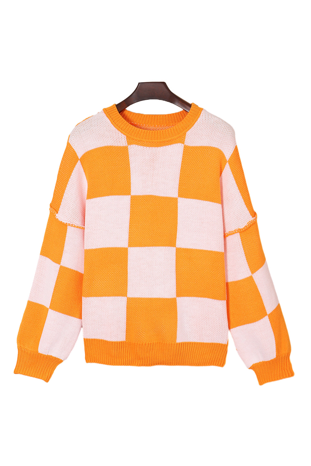 Orange & White Plaid Exposed Seam Bishop Sleeve Sweater