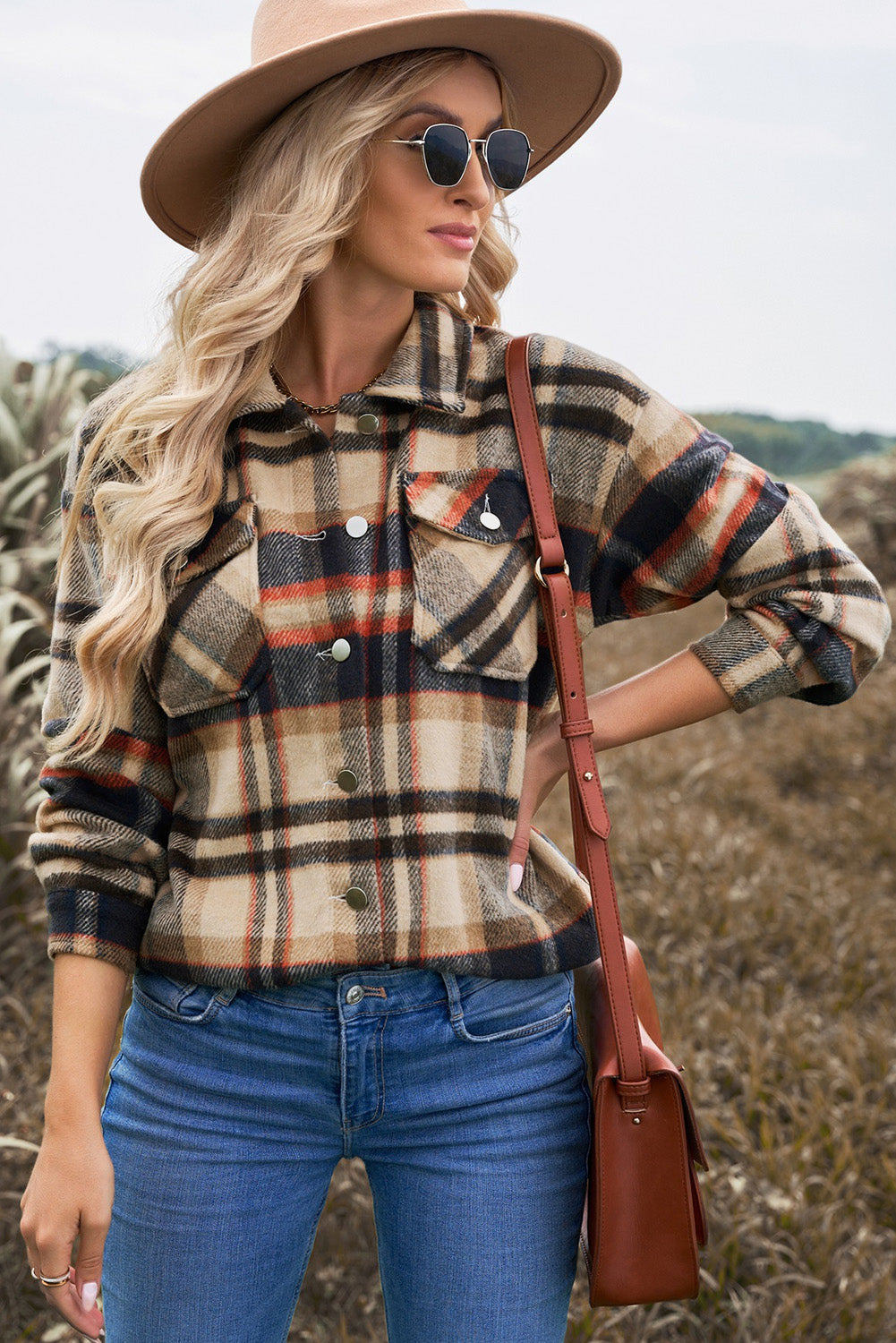 Brown Plaid Button Up Long Sleeve Flannel Shacket