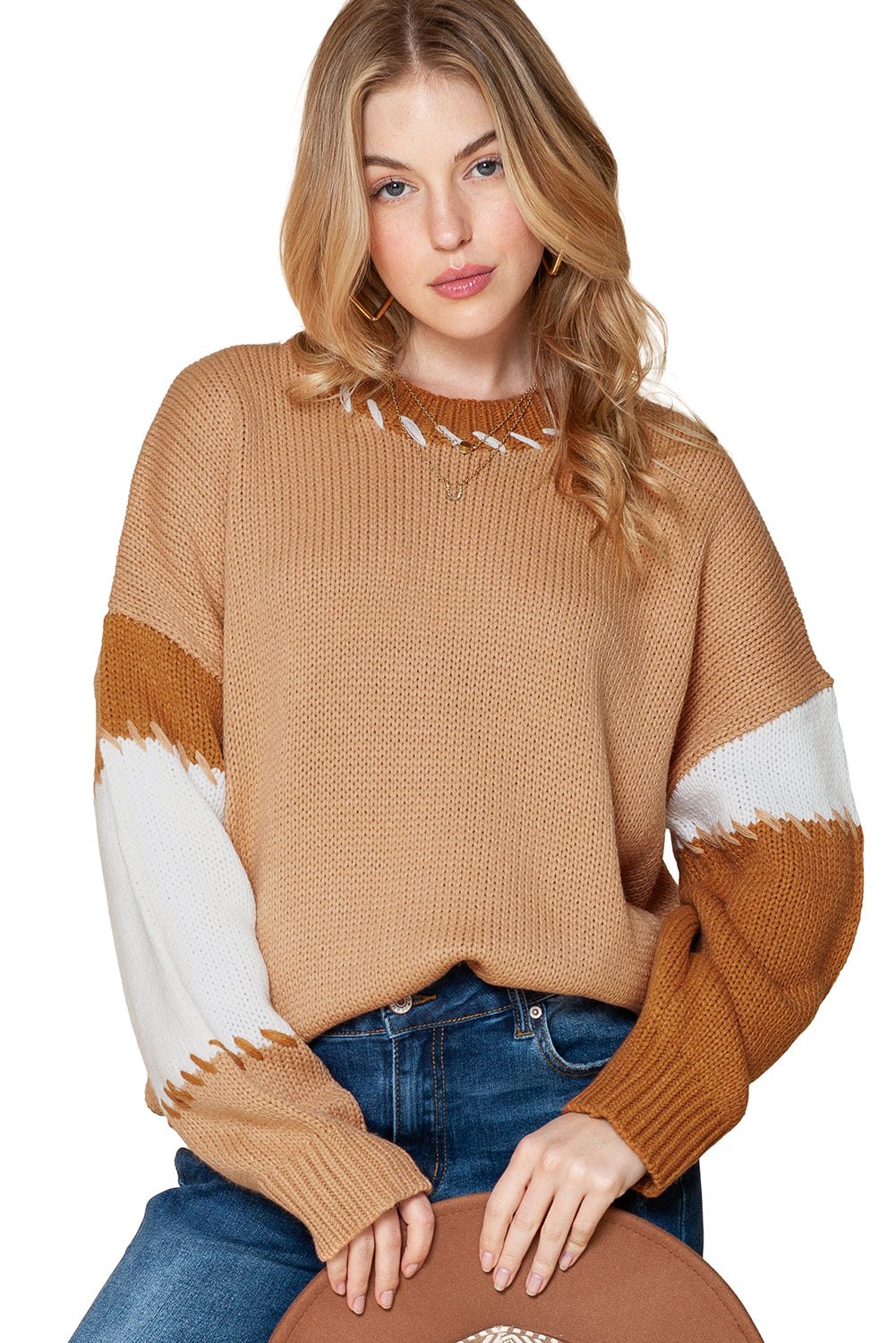 Flaxen Colorblock Drop Sleeve Knit Pullover Sweater