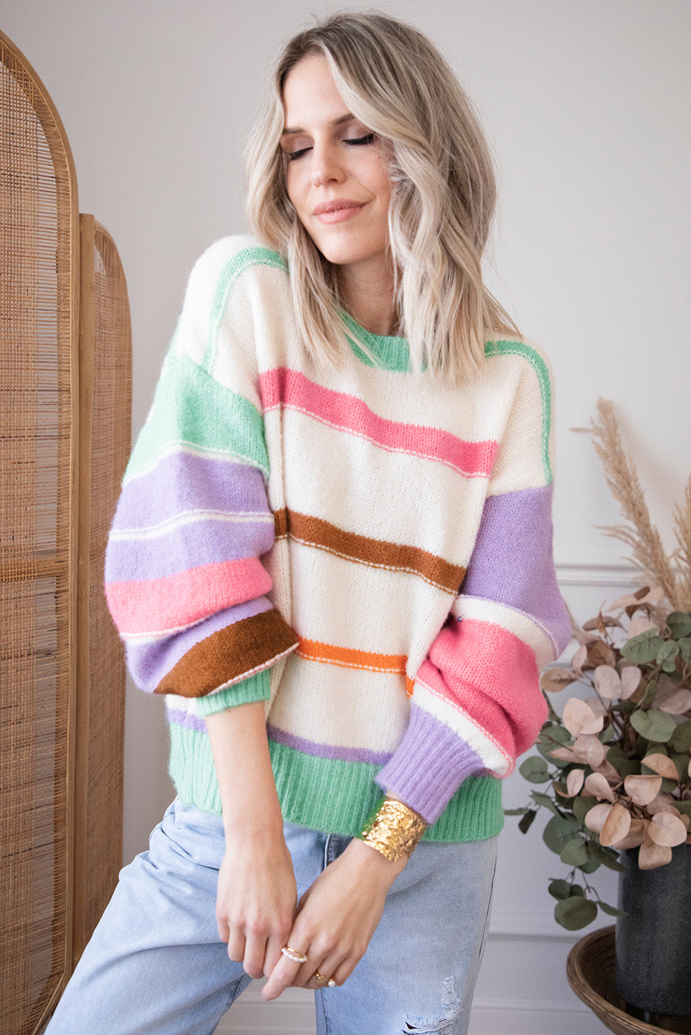 Multicolor Striped Print Drop Shoulder Pullover Crew Neck Sweater