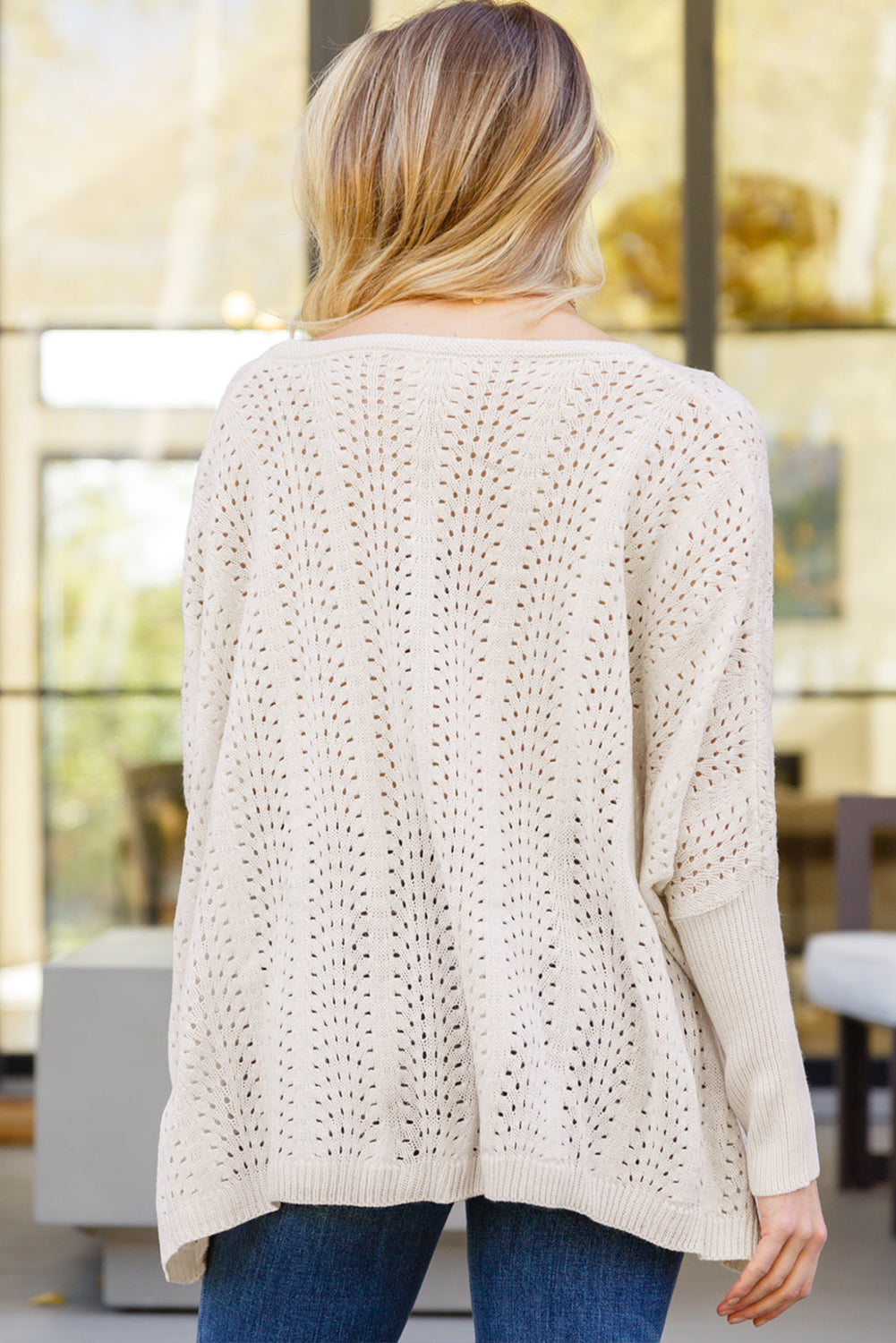 Beige Eyelet Batwing Sleeve Knit Sweater