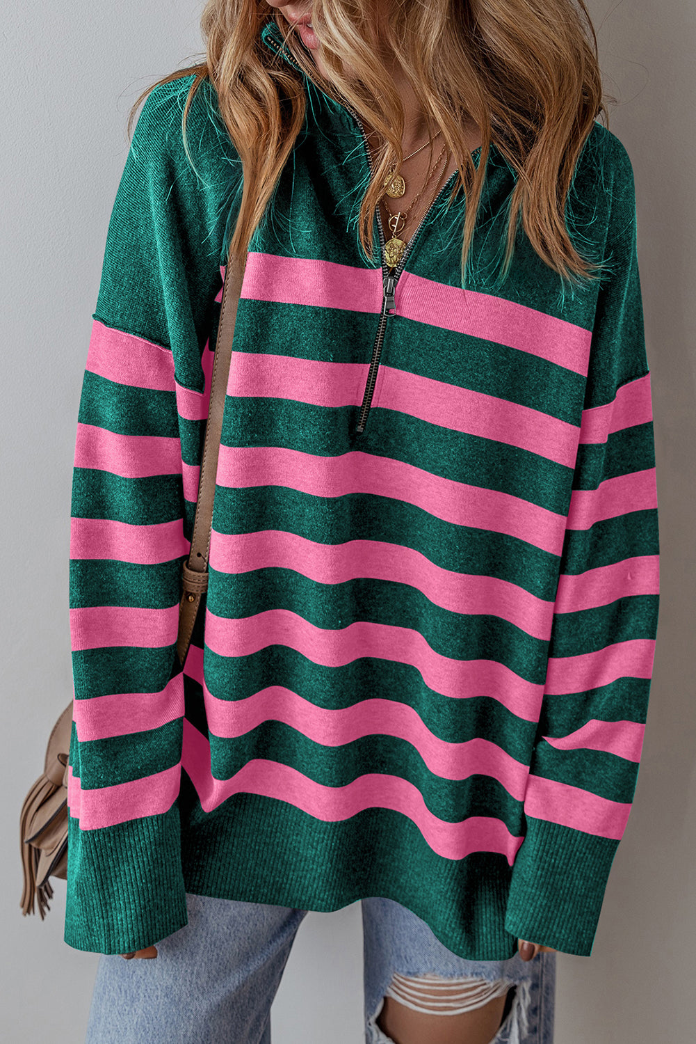 Black Striped Collared Quarter Zip Oversized Sweater