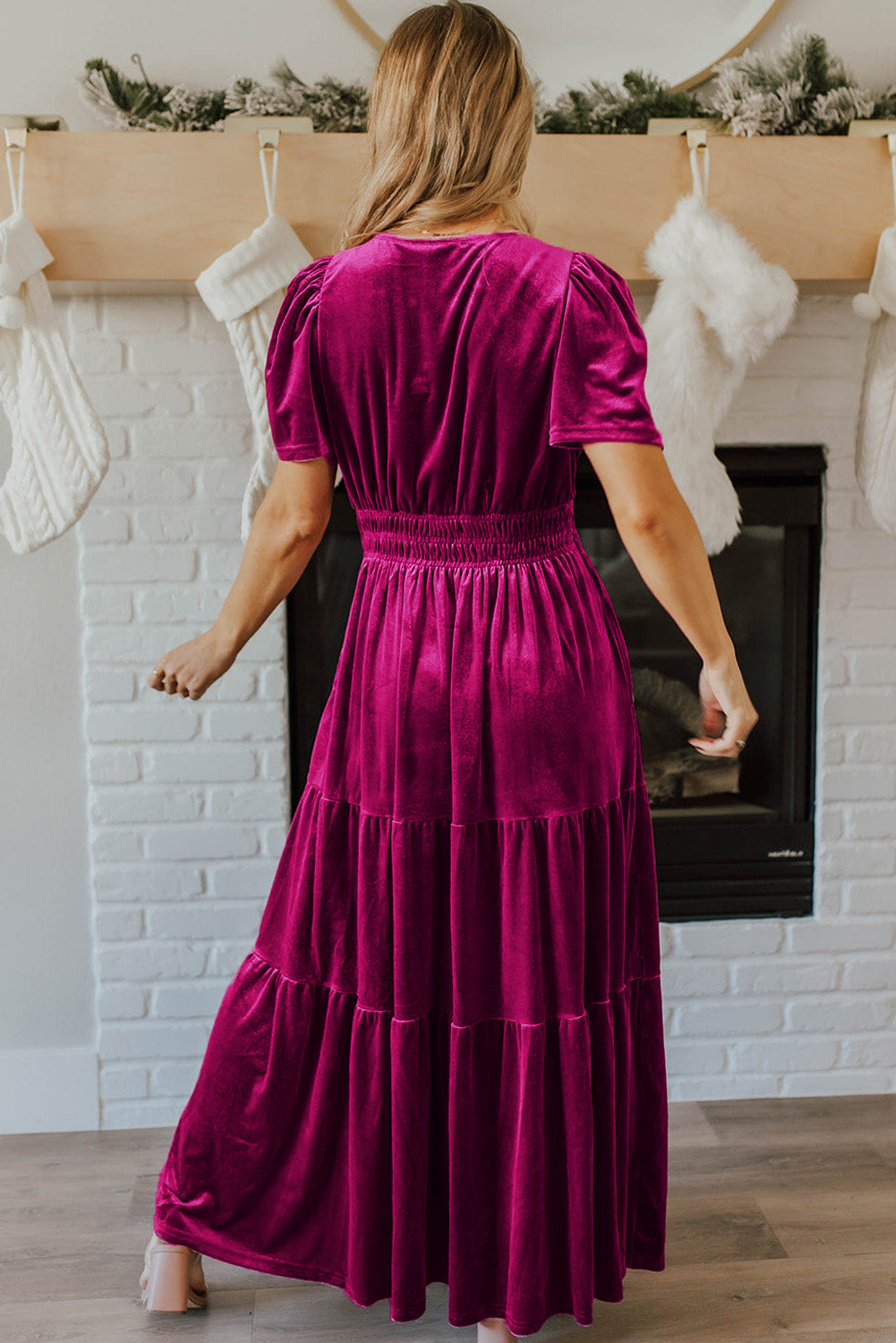 Evergreen Velvet Puff Short Sleeve Smocked Waist Tiered Maxi Dress