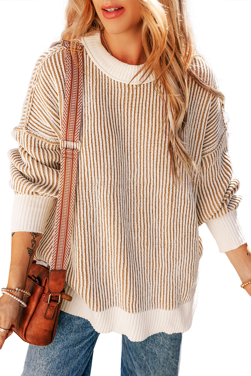 Chestnut Striped Contrast Trim Loose Sweater