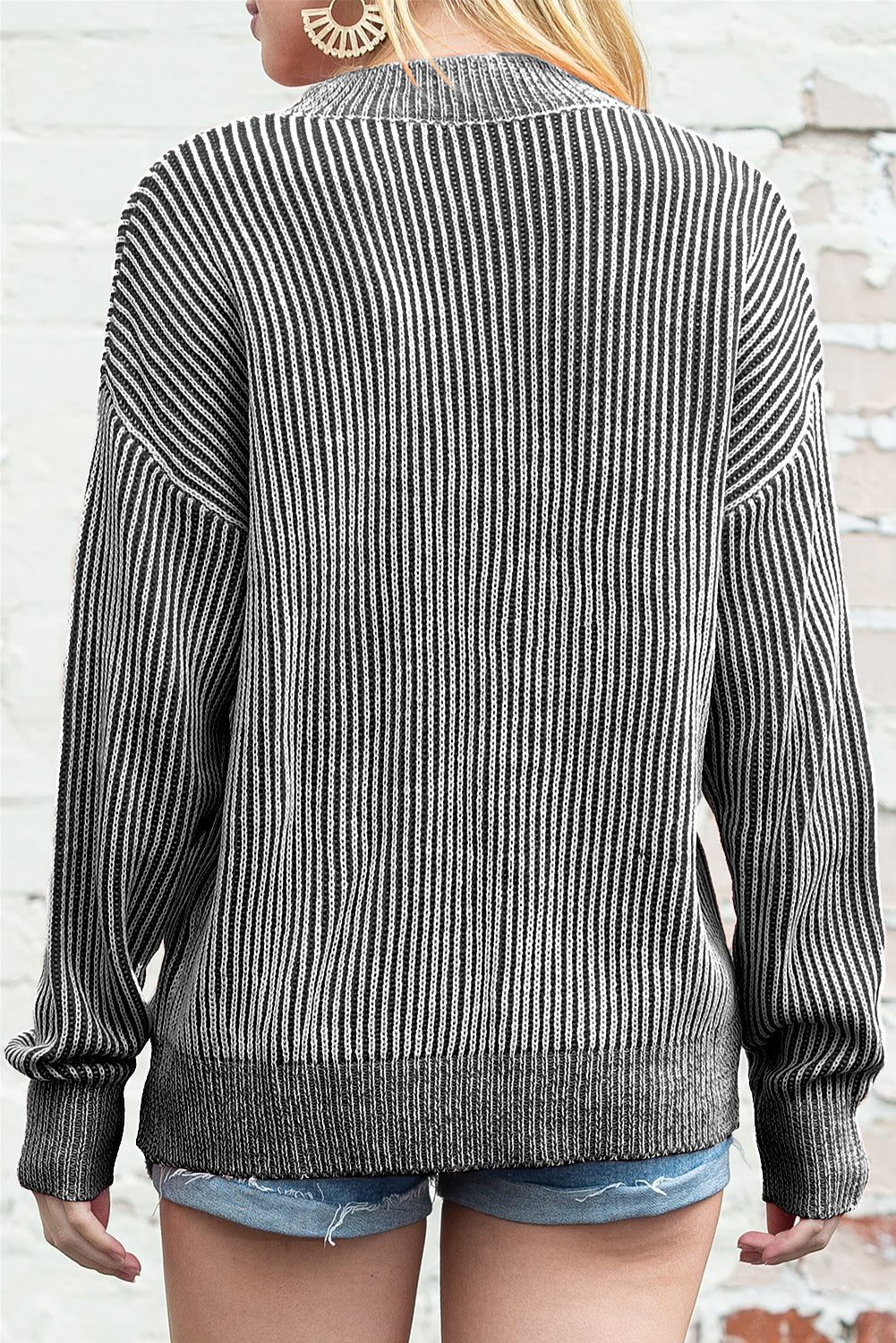 Black Stripe Ribbed Drop Shoulder Sweater