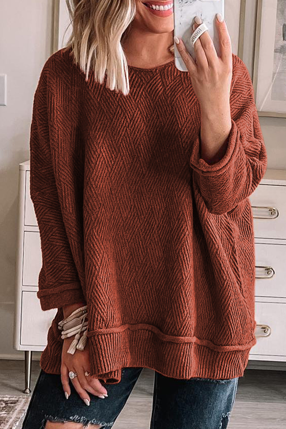 Gold Flame Loose Round Neck Textured Sweater