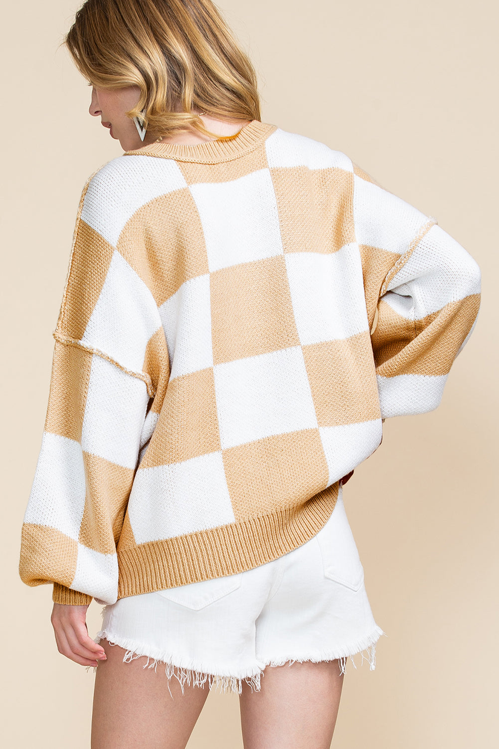 Orange & White Plaid Exposed Seam Bishop Sleeve Sweater