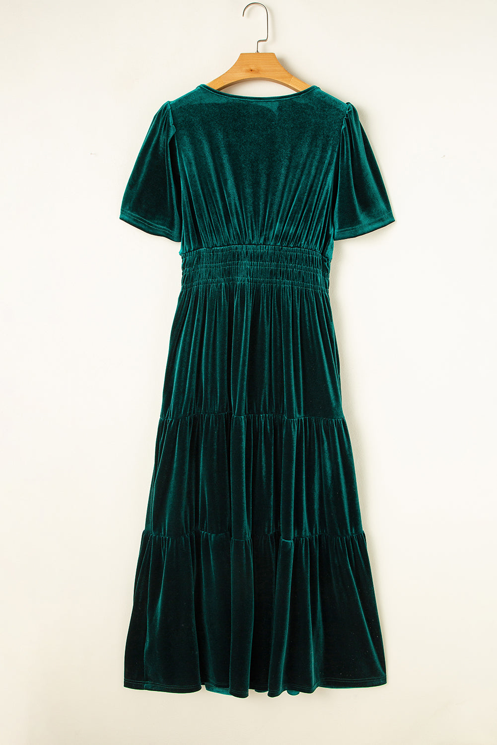 Evergreen Velvet Puff Short Sleeve Smocked Waist Tiered Maxi Dress