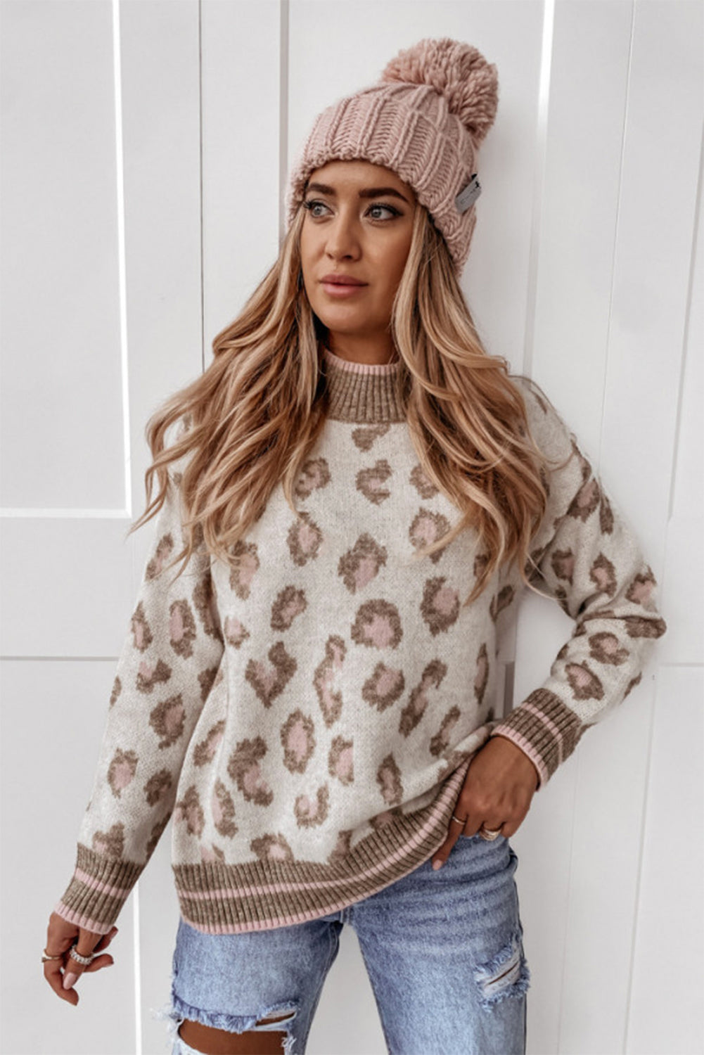 Brown Two-tone Ribbed Trim Contrast Leopard Sweater