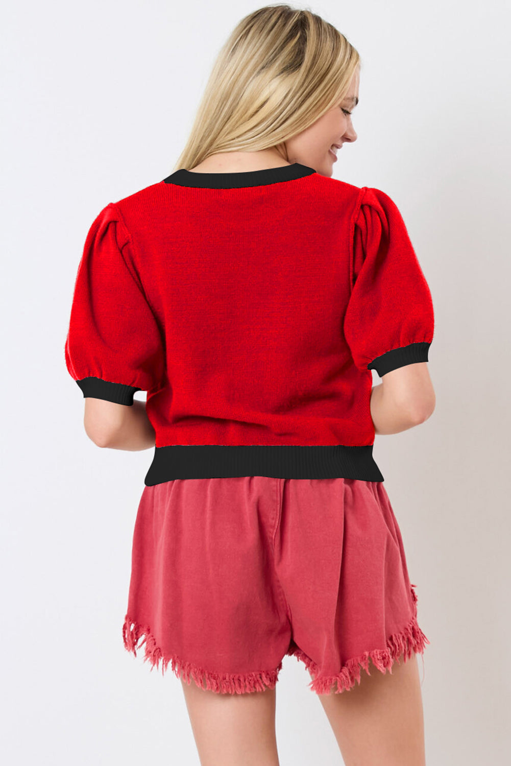 Red Sequin Rugby Color Block Puff Sleeve Knit Top