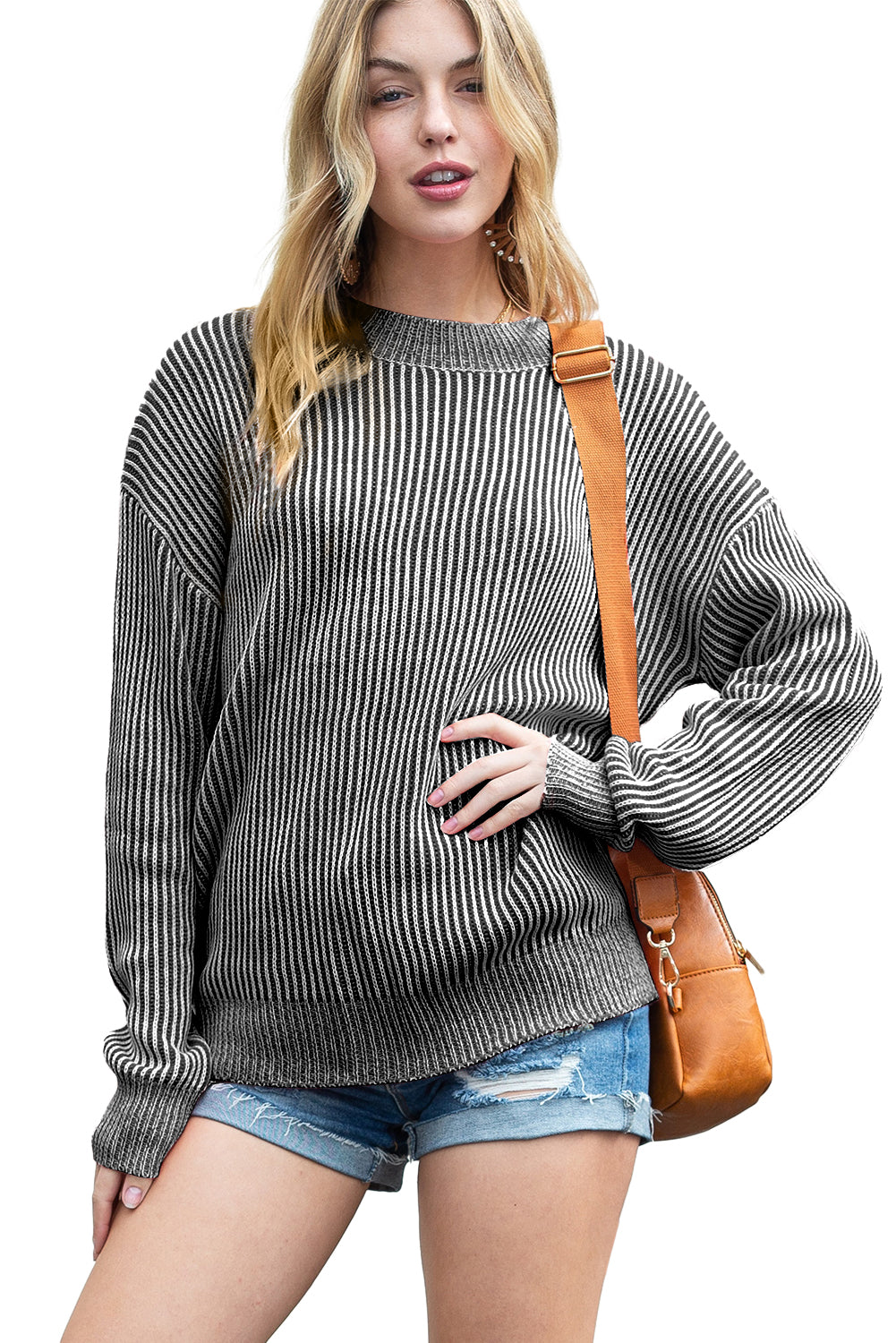 Black Stripe Ribbed Drop Shoulder Sweater