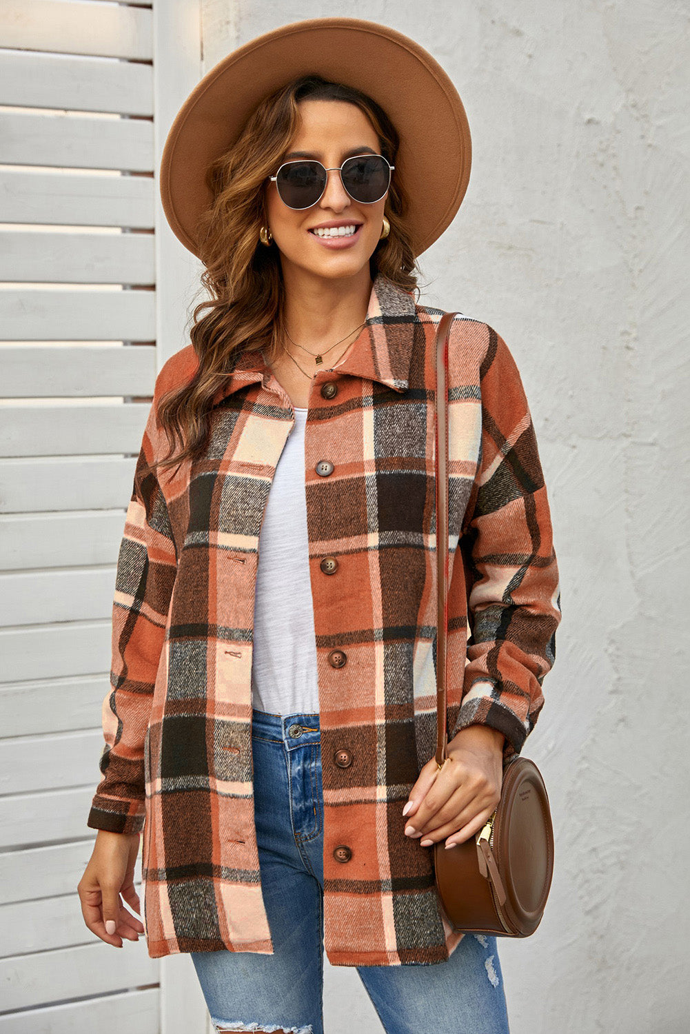 Brown Plaid Button Up Long Sleeve Flannel Shacket