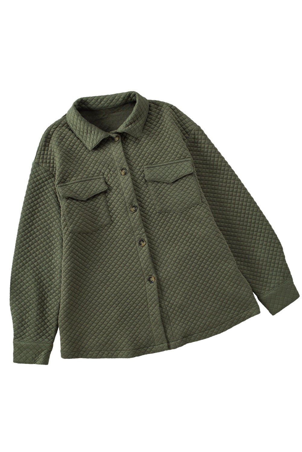 Green Lattice Texture Pockets Button Up Quilted Shacket