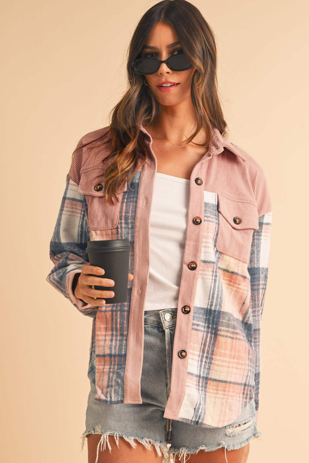 Cinnamon Plaid Corduroy Patchwork Pocket Loose Shacket