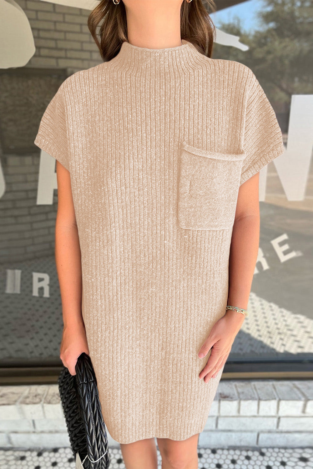 Taupe Patch Pocket Ribbed Knit Short Sleeve Sweater Dress