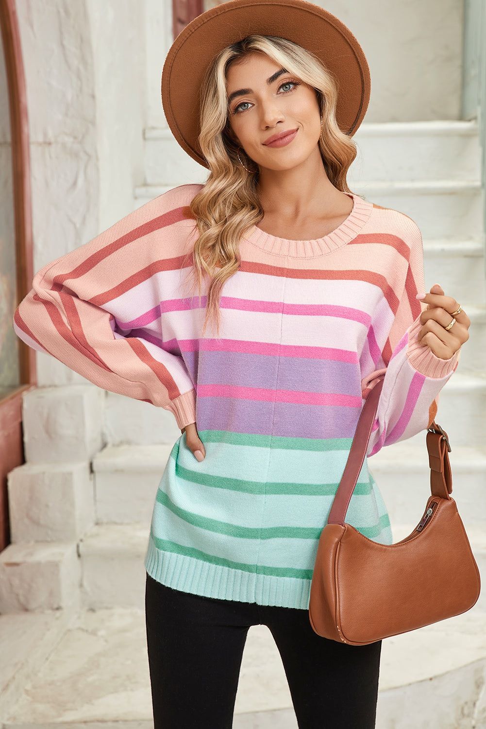 Multicolour Striped Ribbed Edge Gradient Loose Sweater