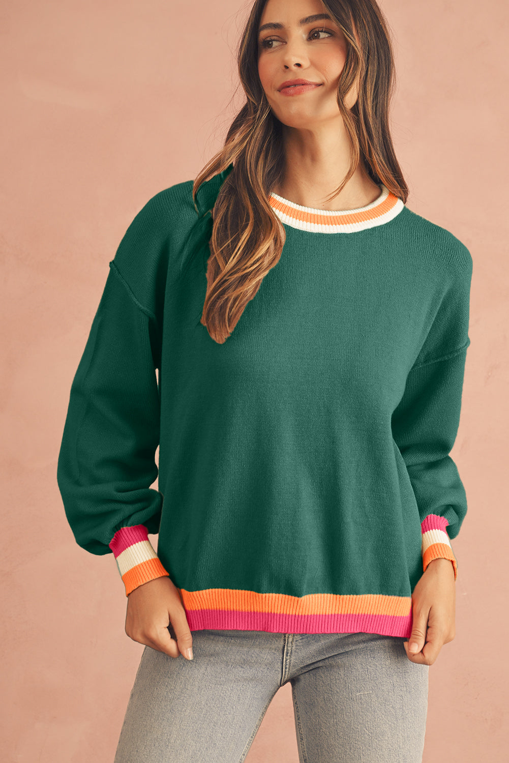 Parchment Striped Trim Drop Shoulder Sweater