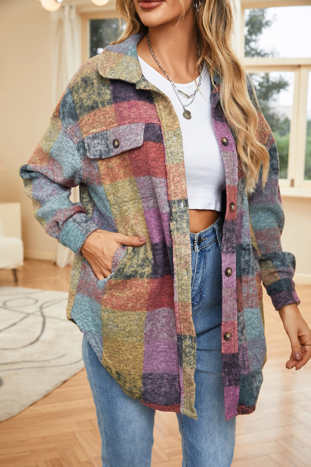 Multicolor Brushed Plaid Pocketed Oversize Shacket