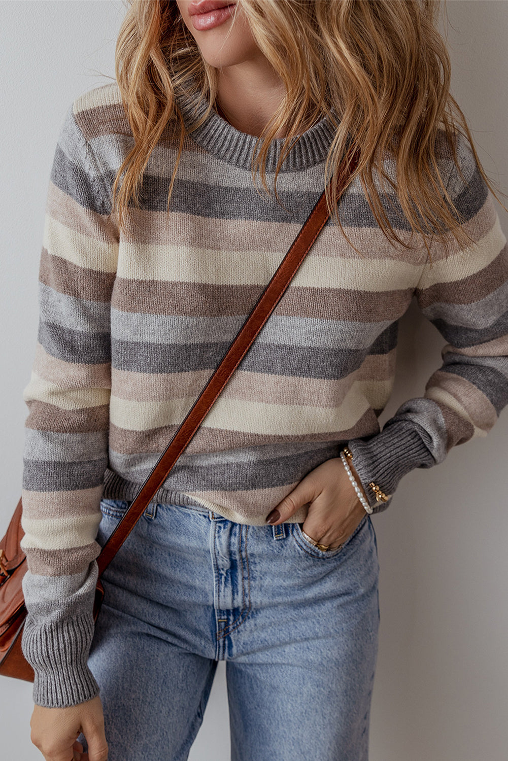 Gray Striped Ribbed Edge Round Neck