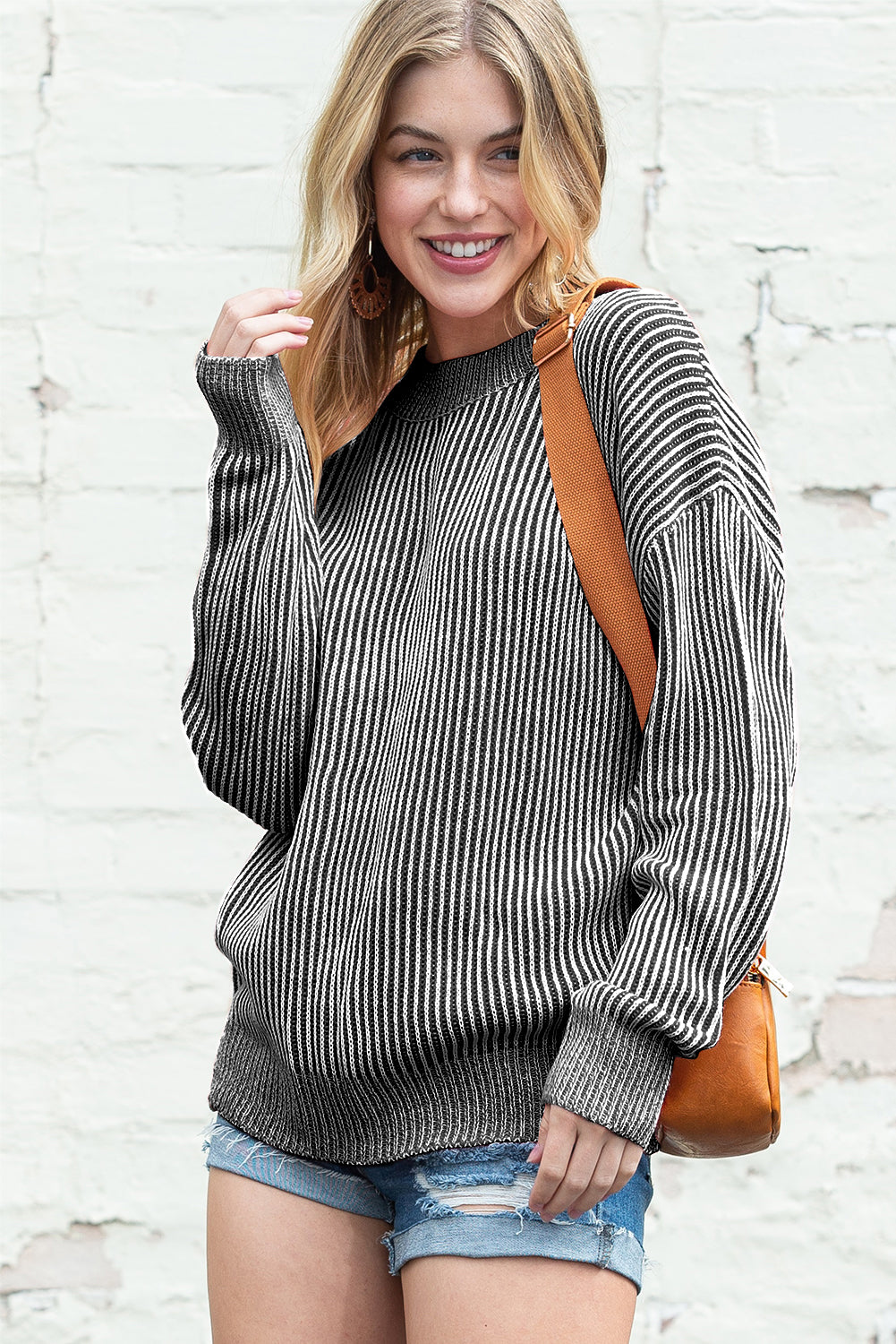 Black Stripe Ribbed Drop Shoulder Sweater